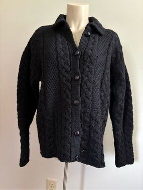 Quills Ireland Woollen Market Cable Knit Wool Fisherman Cardigan Black Medium